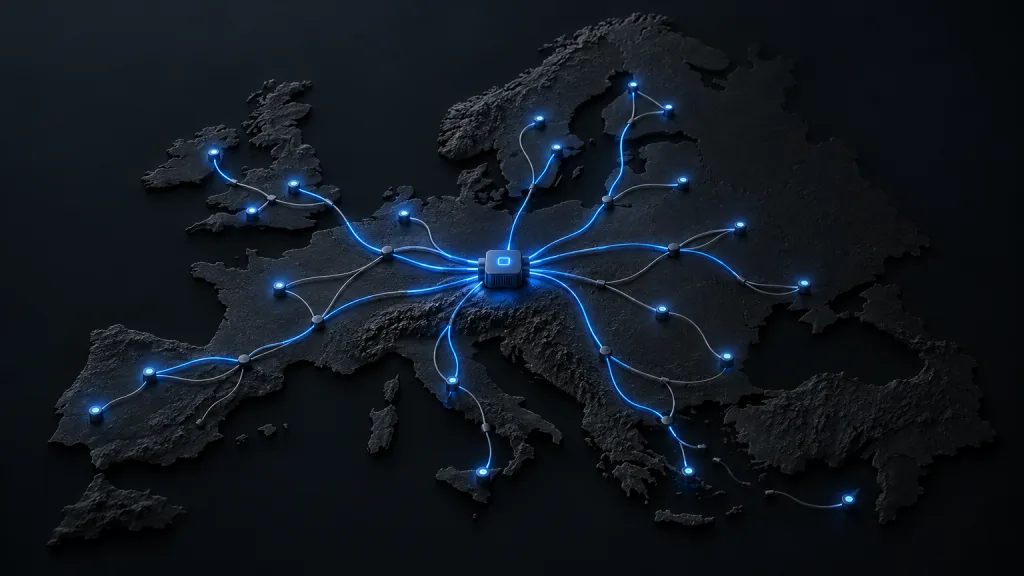 Tmavá mapa Evropy s trasami, které se z jednoho středového bodu větví do měst po celém kontinentu