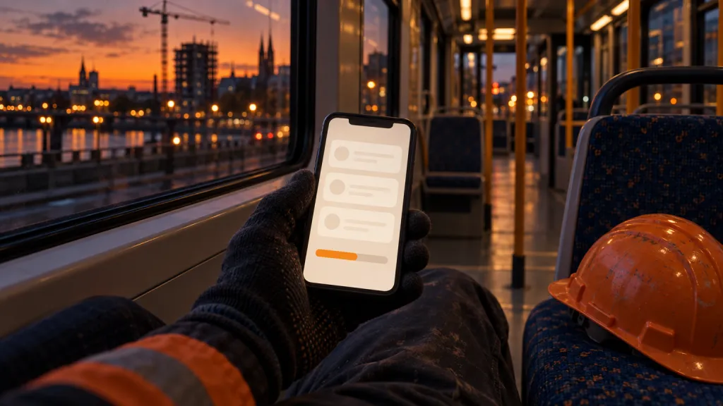 Stavař ve večerní tramvaji drží telefon se studijními kartičkami a ukazatelem postupu, vedle něj na sedadle leží oranžová přilba